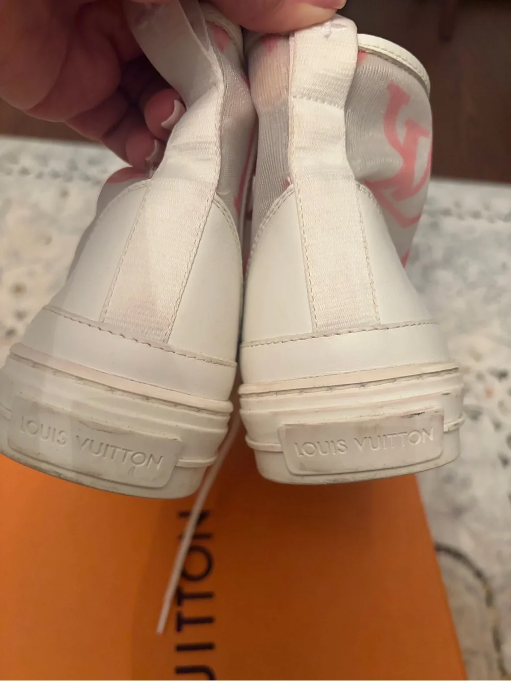 Louis Vuitton White High-Top Sneakers with Pink mesh